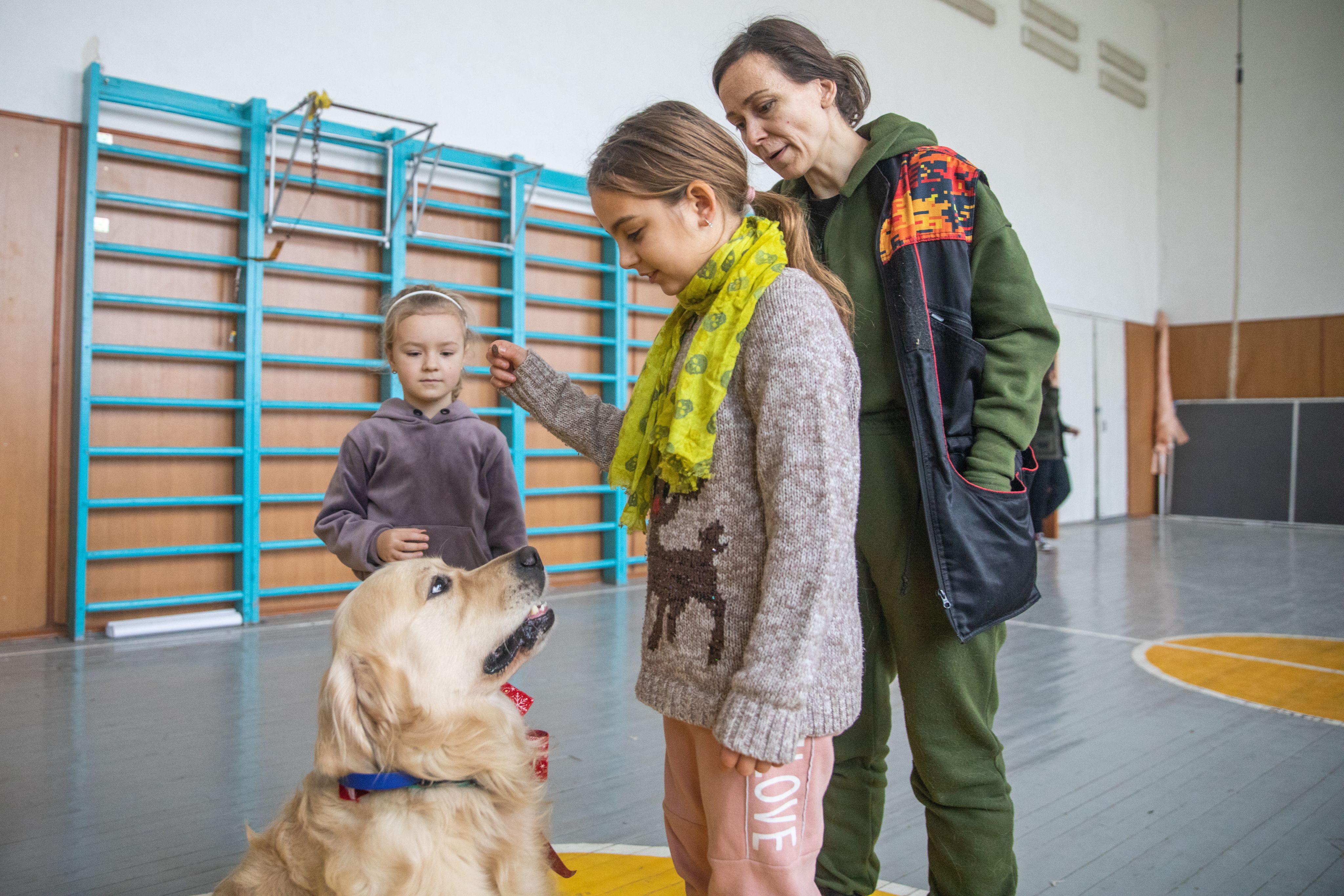 Viktoriya*, 9, and Iryna*, 7, play with therapy dog Parker at a school outside of Kyiv, Ukraine.
