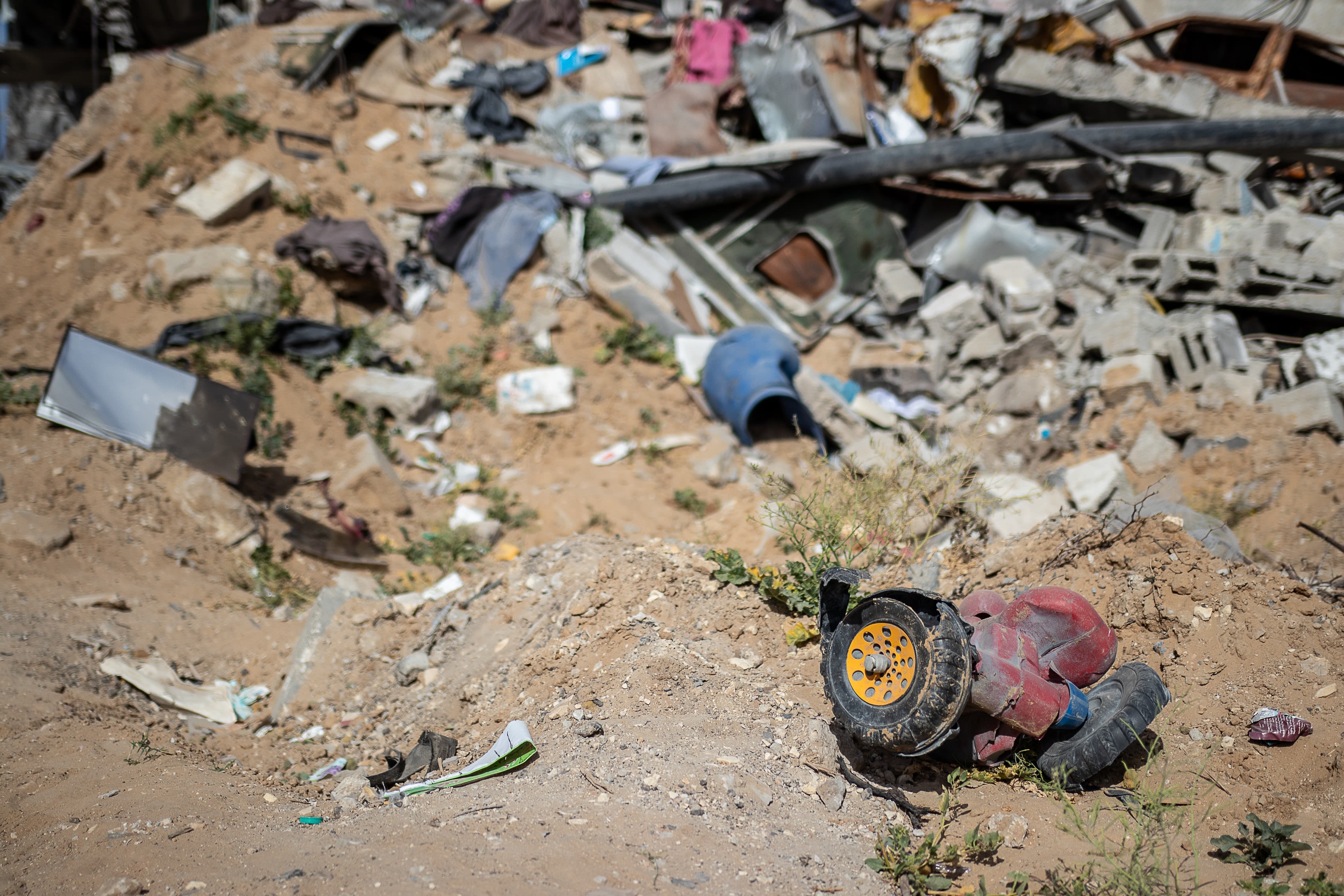 A child's toy amongst the rubble in Khan Younis, Gaza.